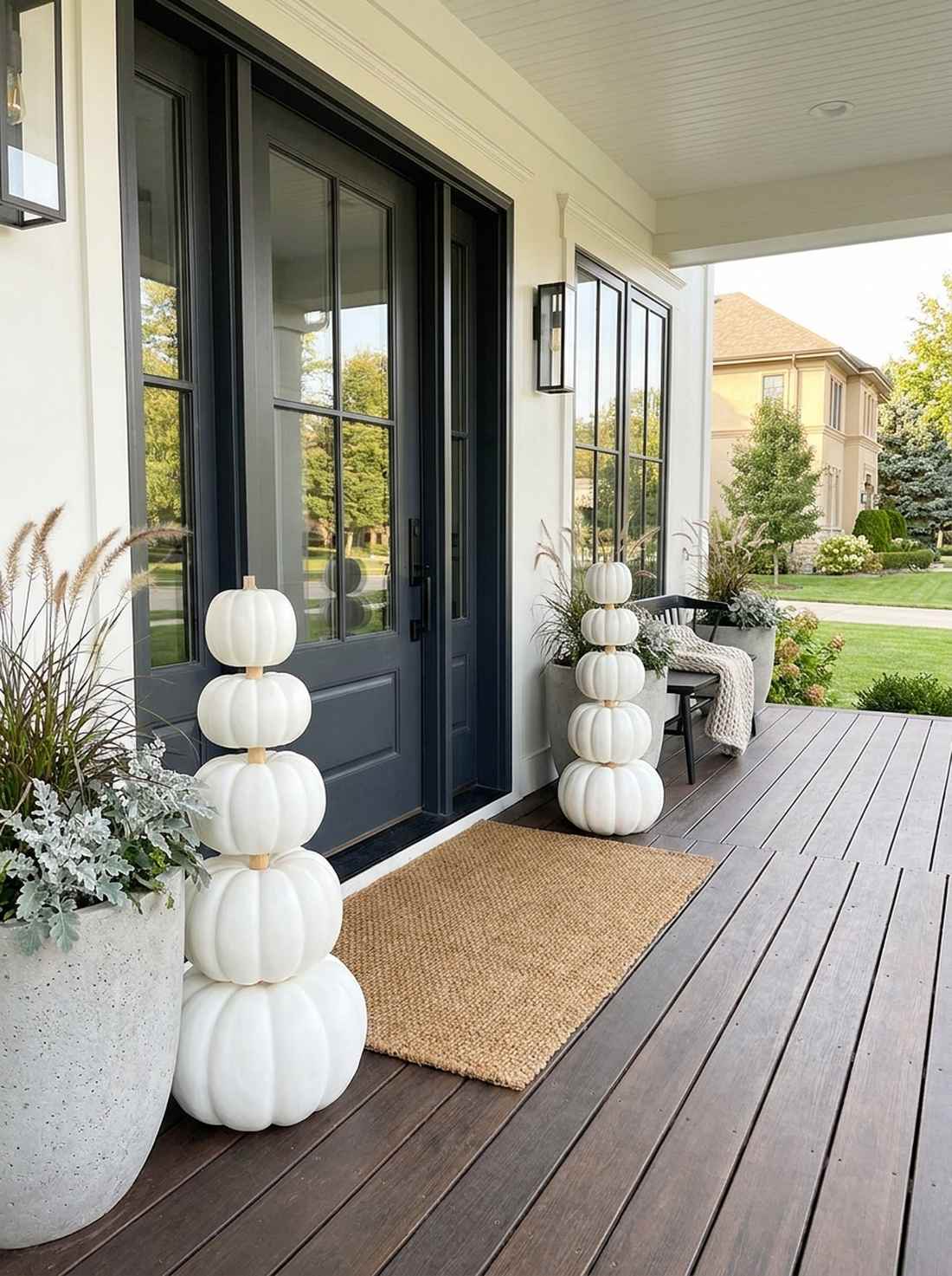 monochromatic white pumpkin stacks