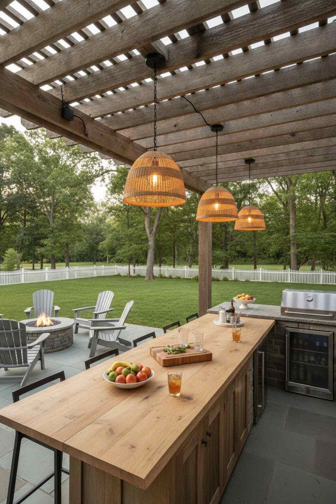 pendant lights suspended from pergola centers