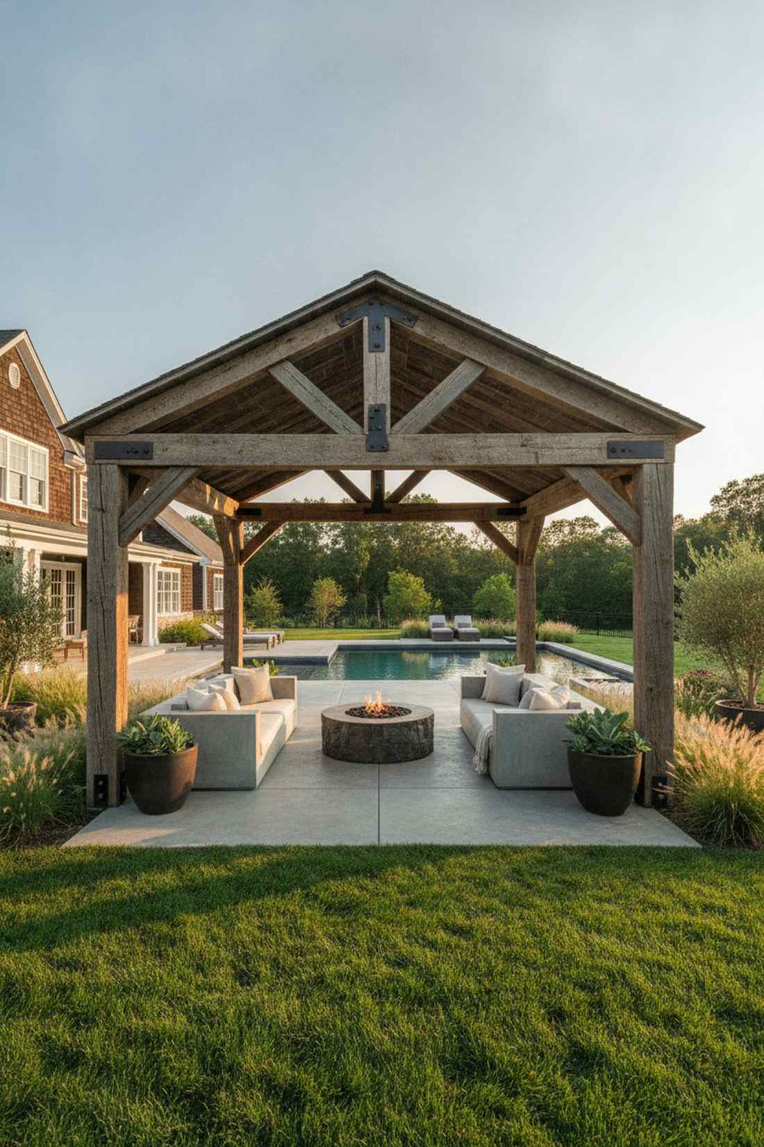 reclaimed wood beam pergola