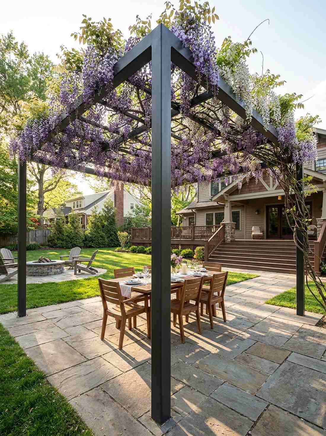 steel pergola with wisteria canopy