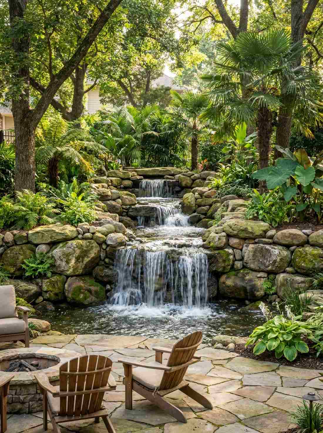 tiered stone waterfall feature