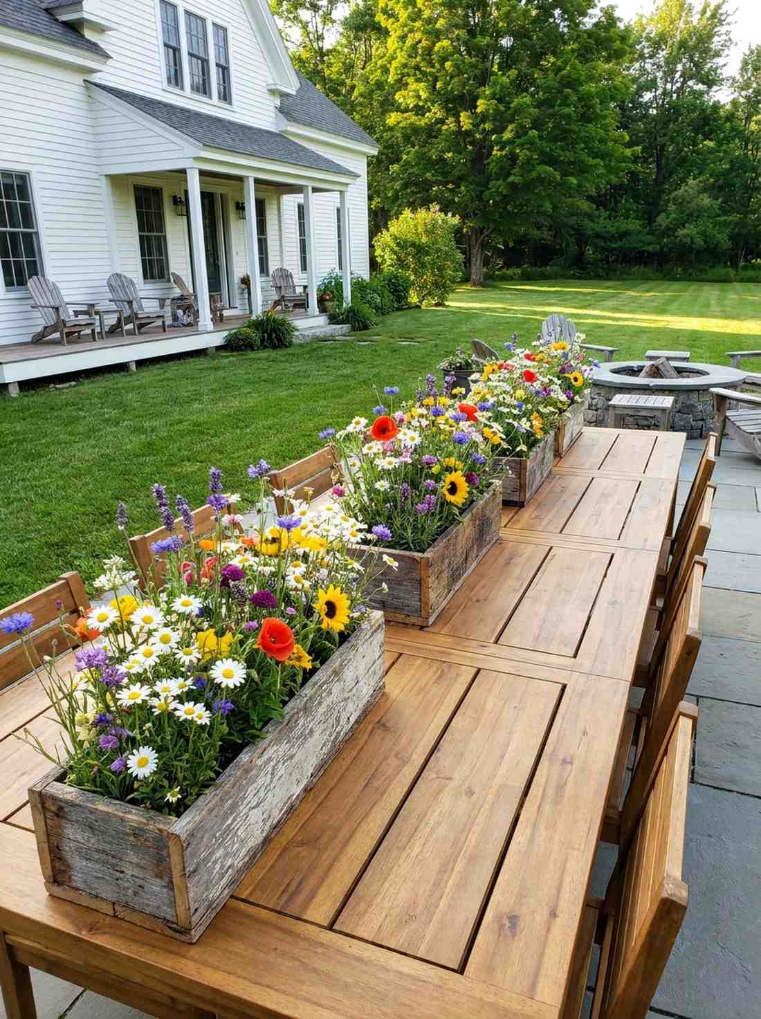 wildflower filled wooden boxes