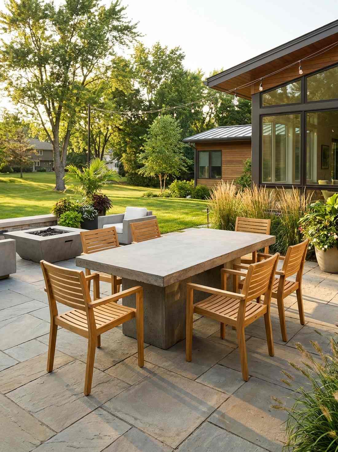 concrete plinth table with teak chairs