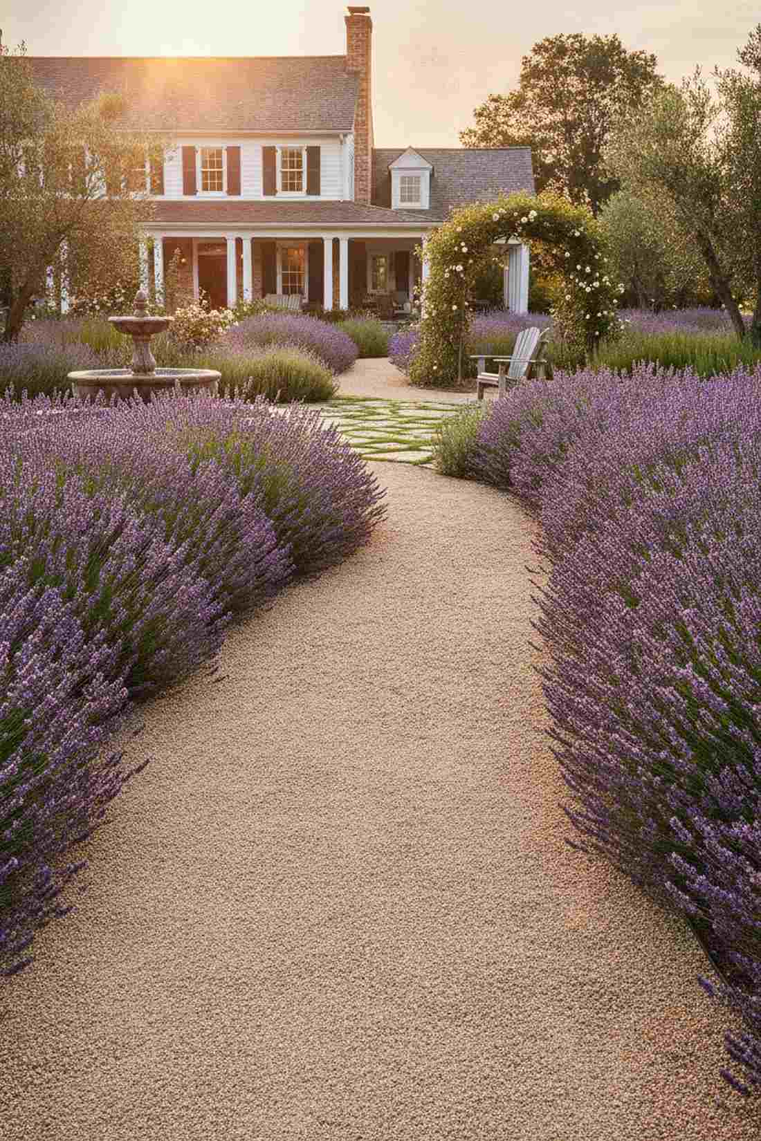 lavender lined gravel walkway