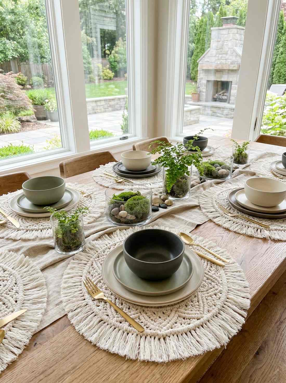 macrame place mats with earthenware place settings