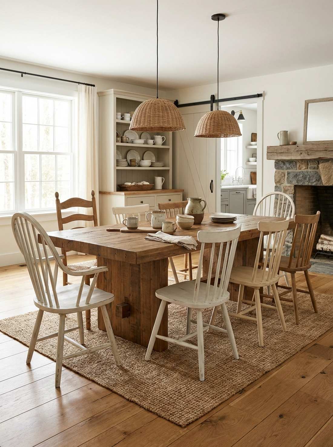 mismatched wooden chairs