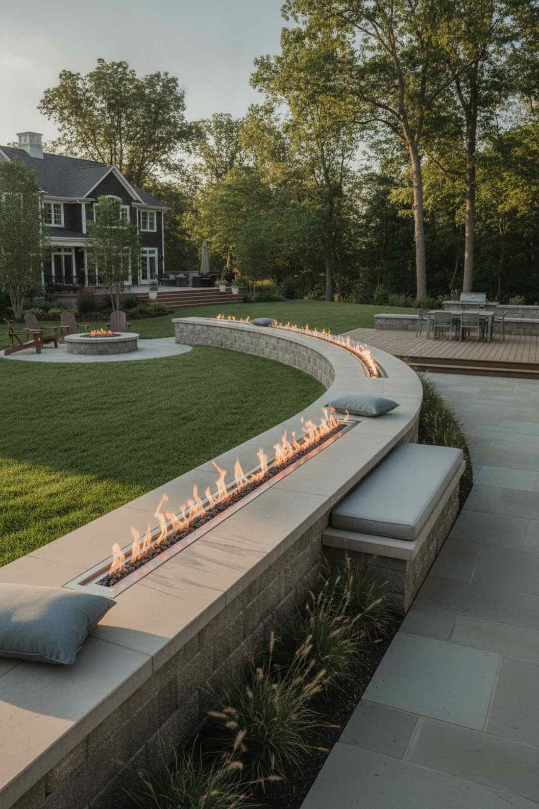 narrow linear fireplace along retaining wall