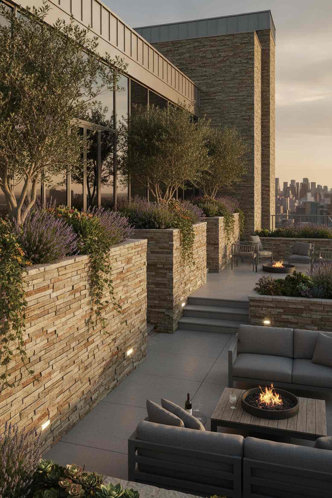 natural stone cladding on planter walls