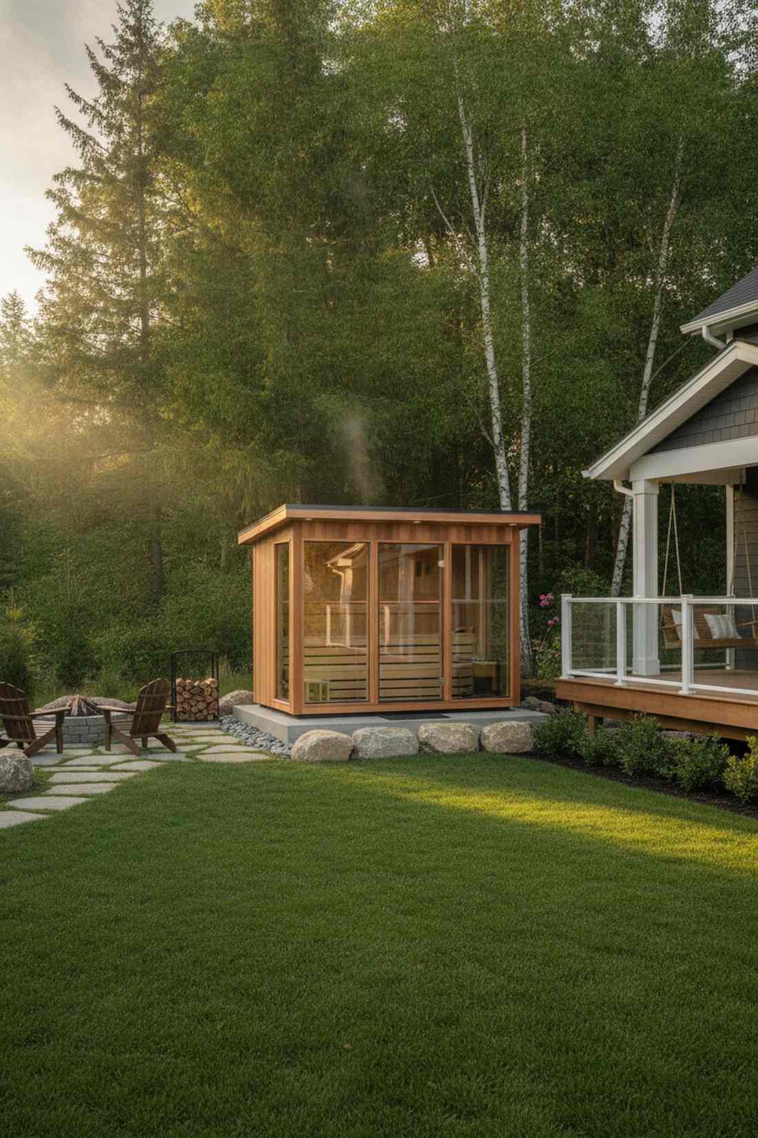 outdoor sauna with panoramic windows