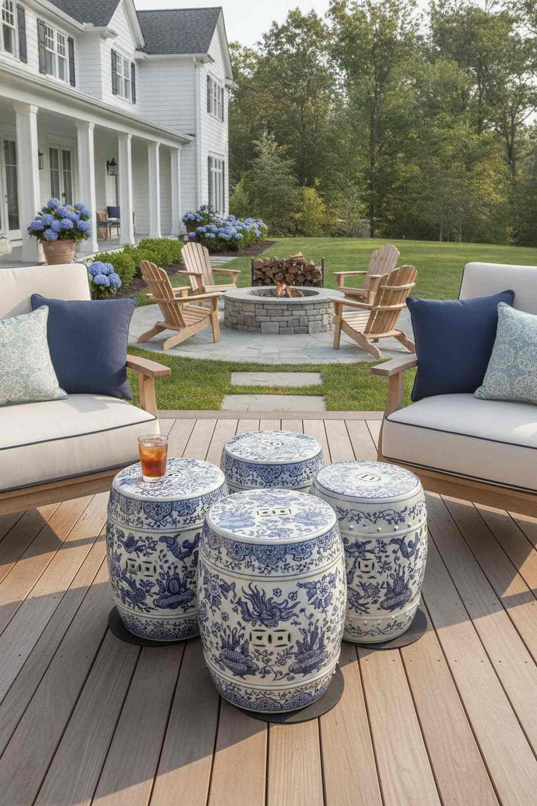 blue and white ceramic garden stools
