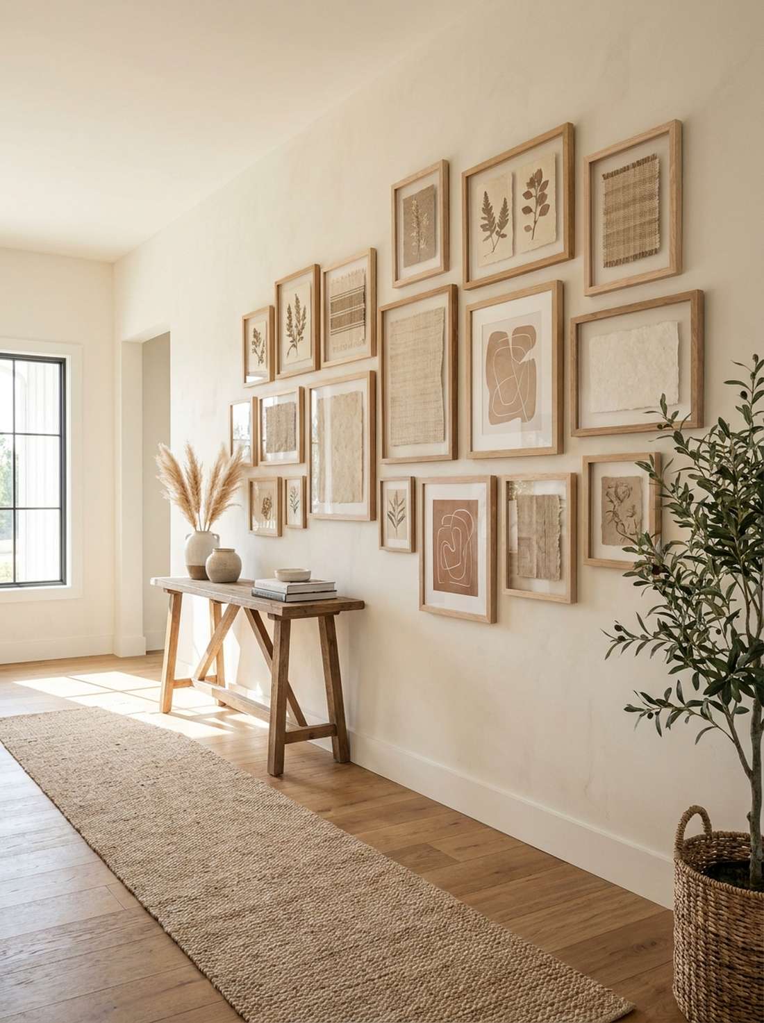 gallery wall with natural wood frames