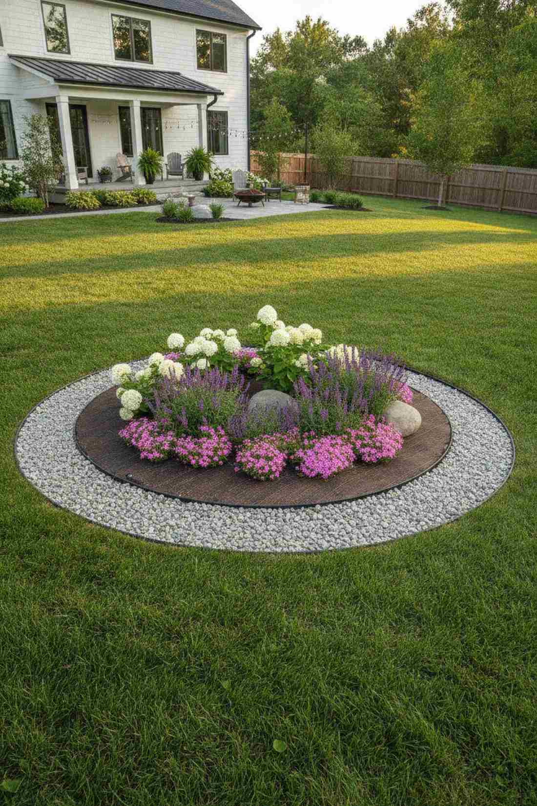 graveled island bed with flower drifts