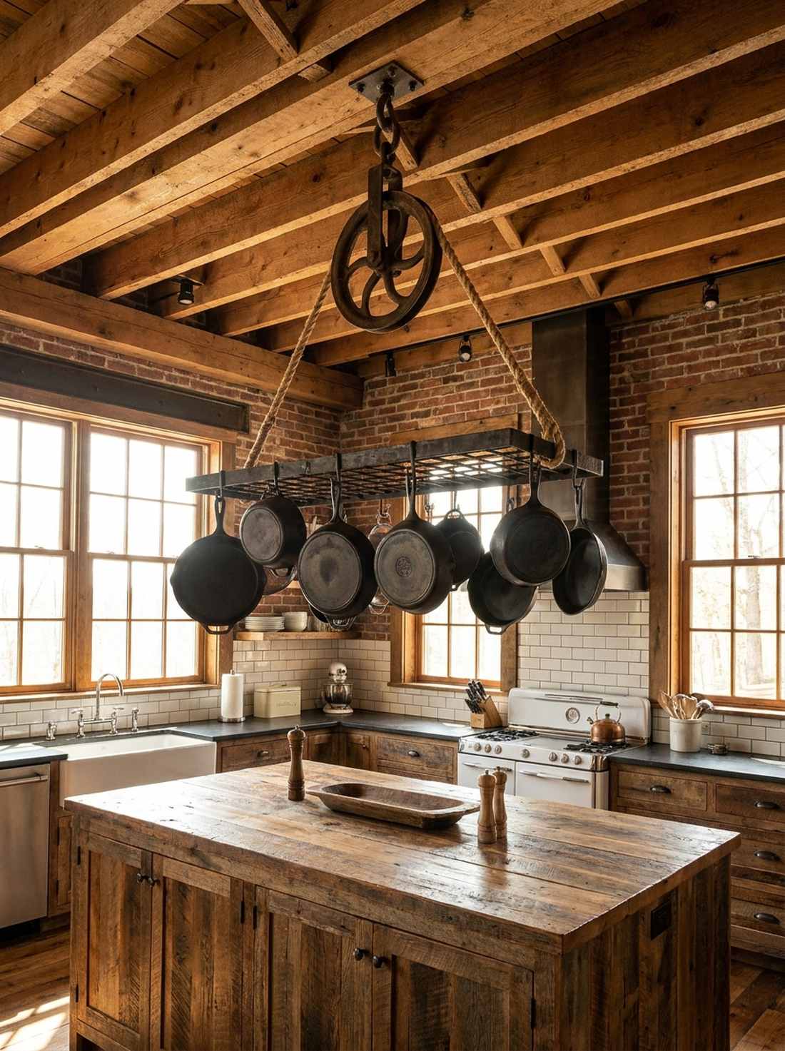 hanging pot rack from barn pulley