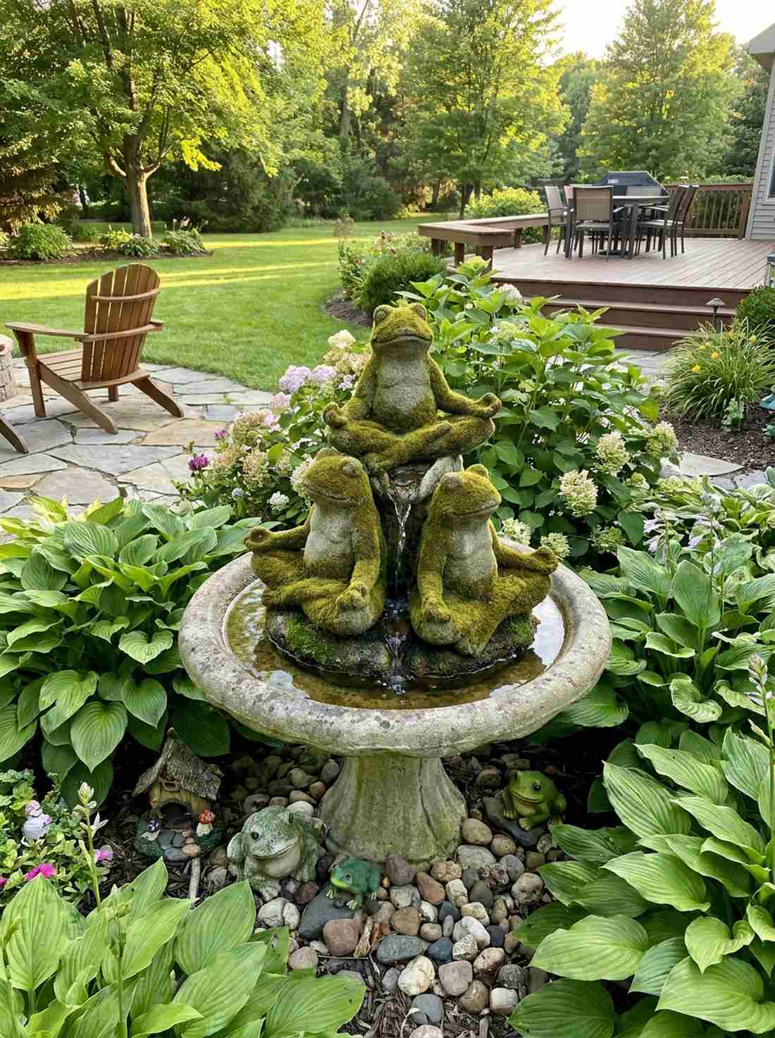 meditating frog fountain trio