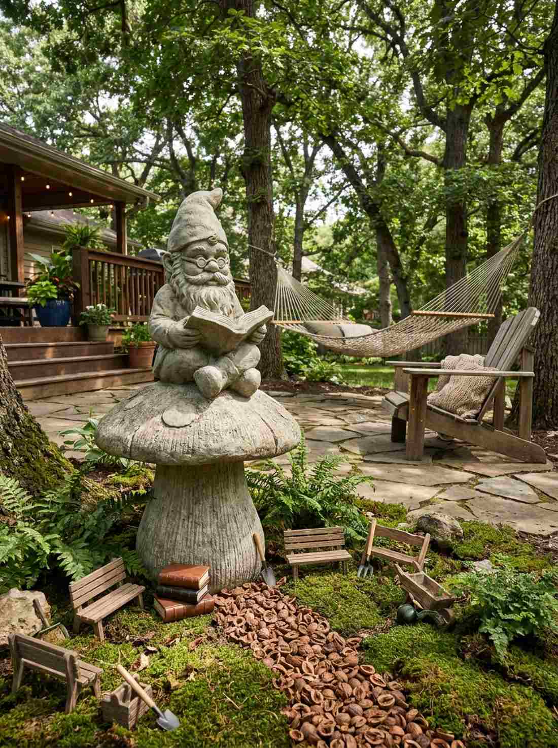 reading gnome on mushroom