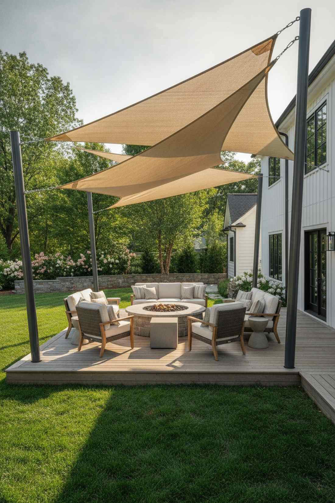 sail shade canopies in overlapping triangles