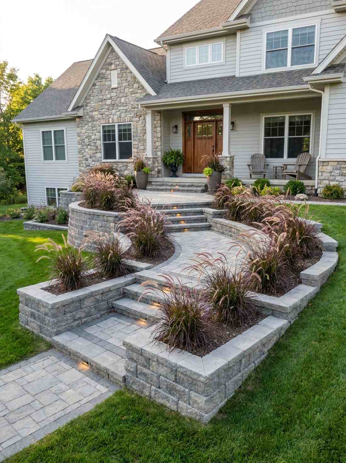 split level entry with fountain grass terraces
