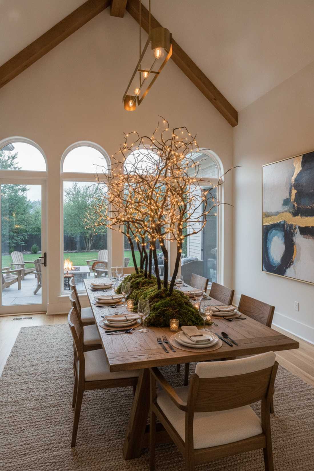 branch centerpiece with wrapped lights