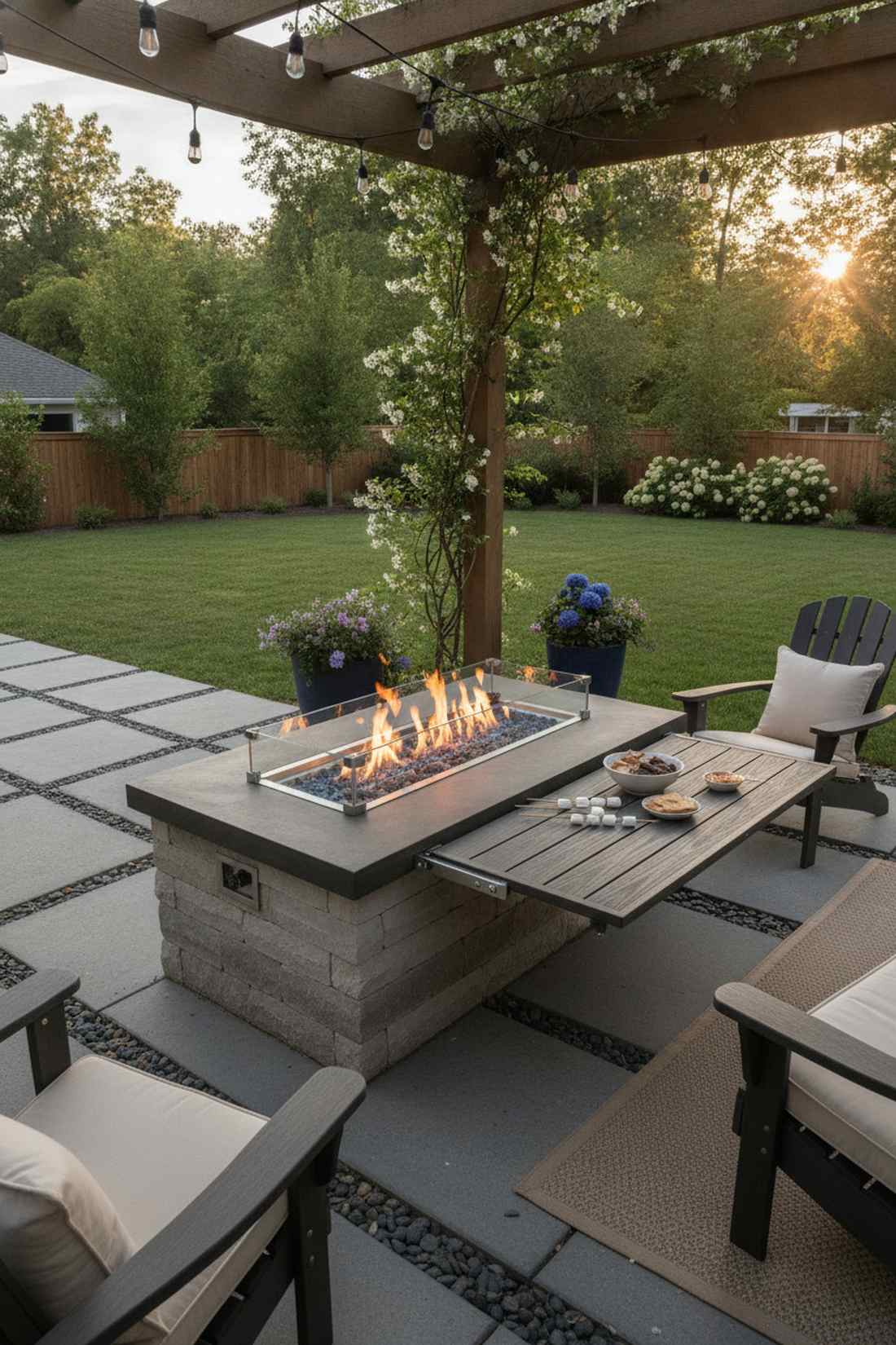 built in fireplace with fold down hearth table