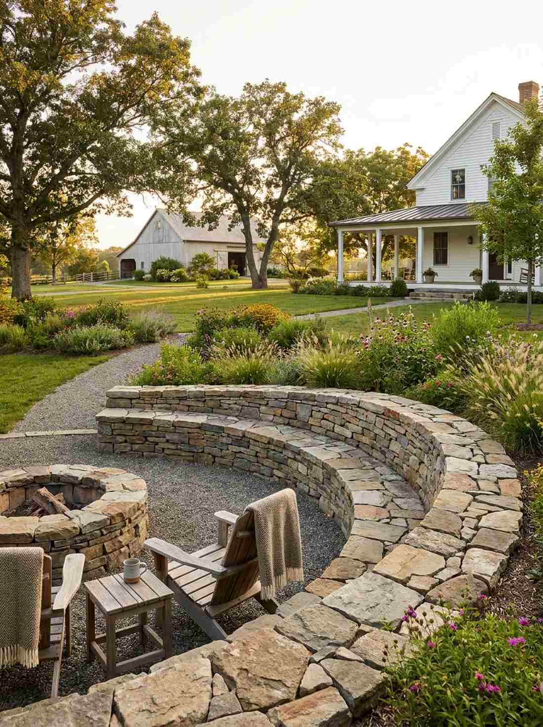 dry stacked stone wall bench
