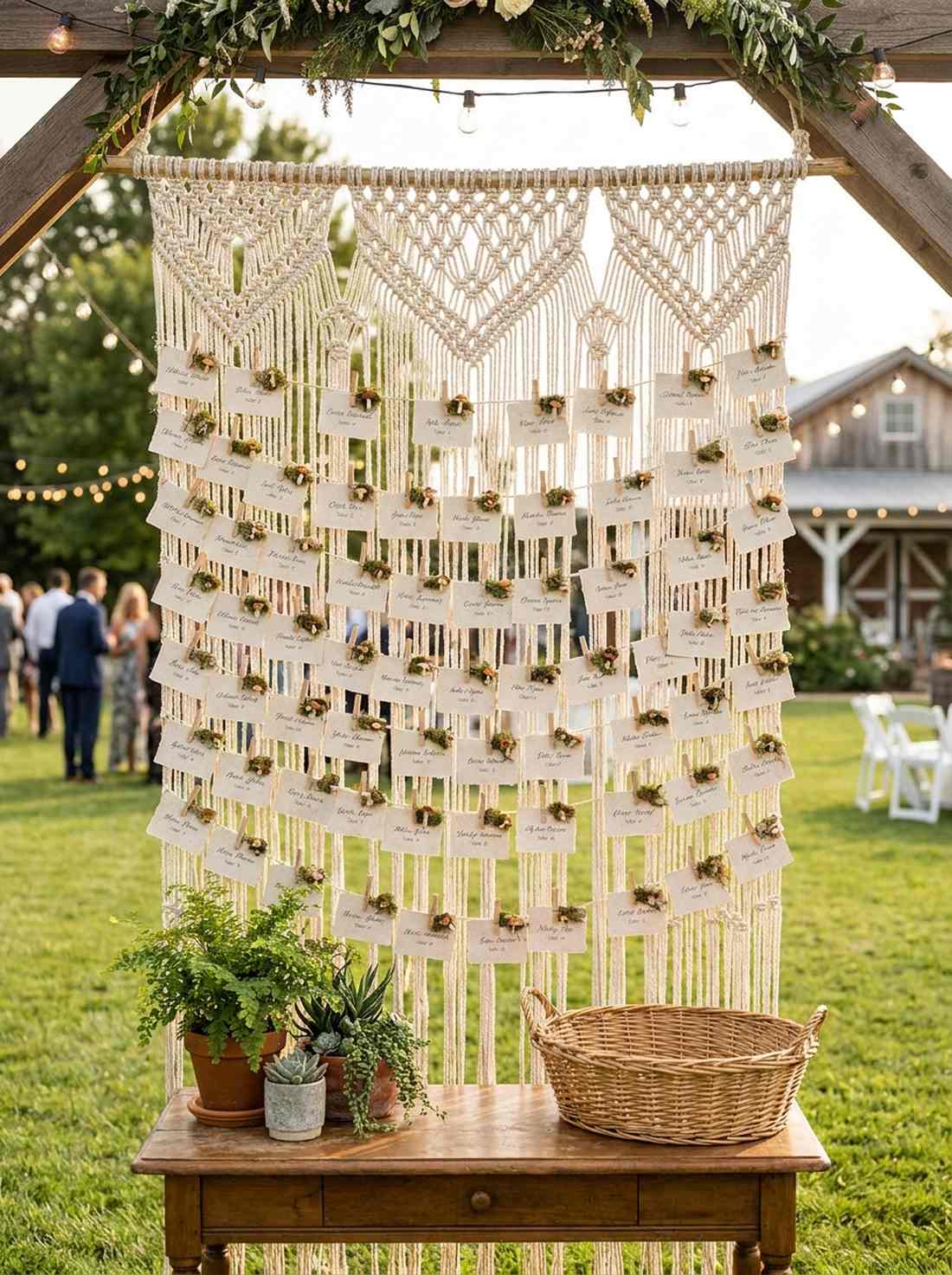 escort card display on macrame hanging grid