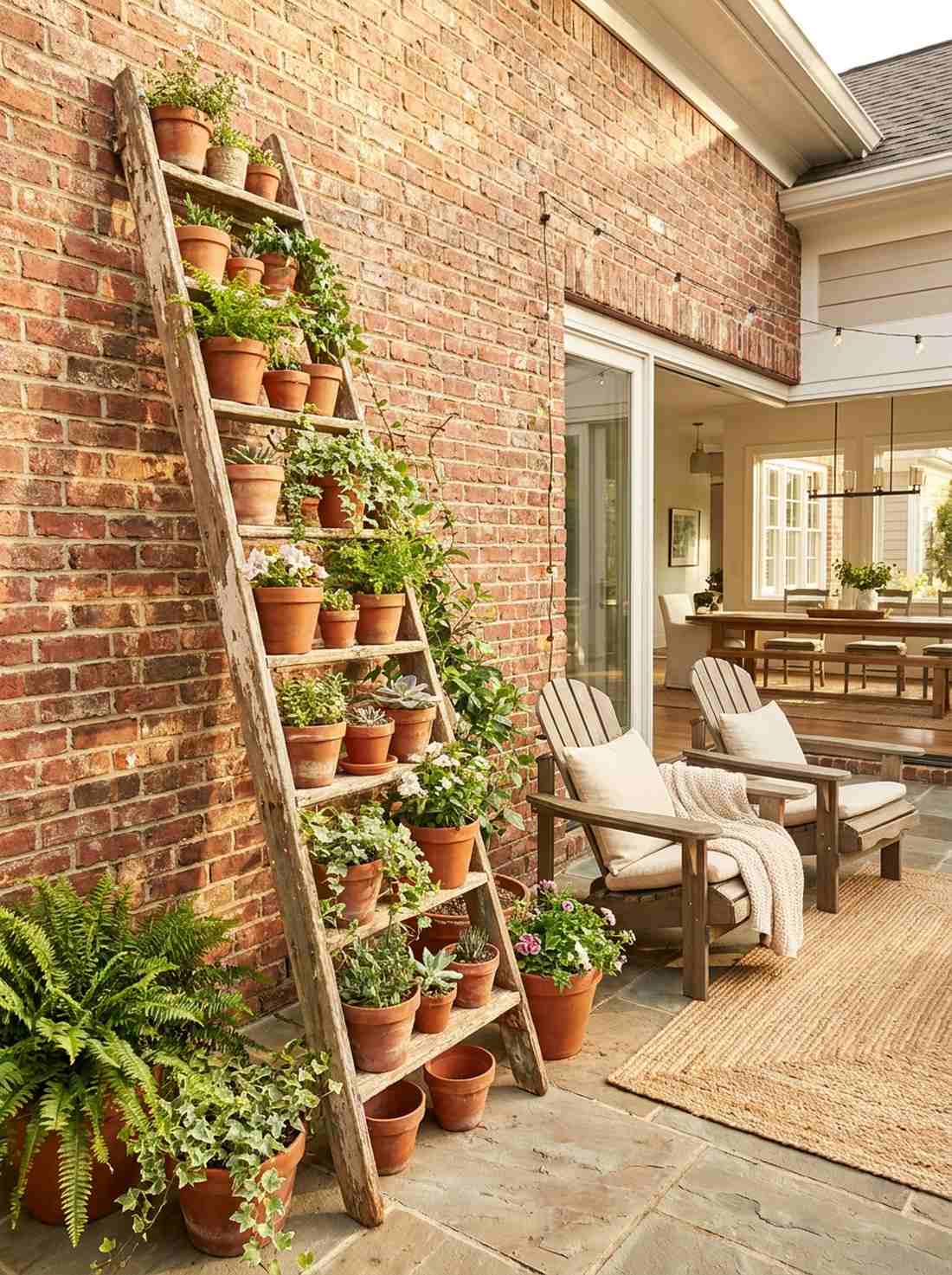 plant ladder display against brick