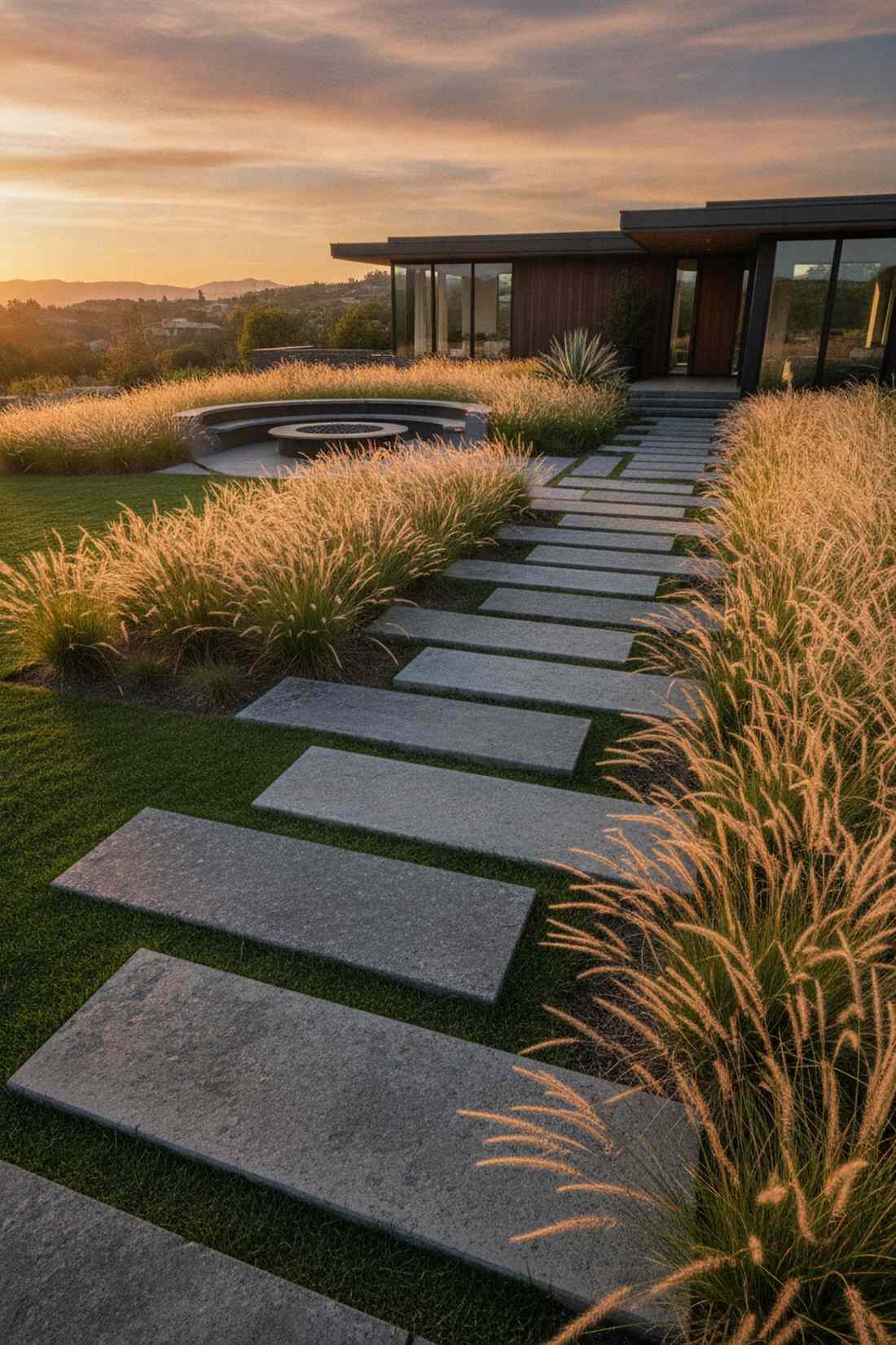 stone slabs through ornamental grass meadows
