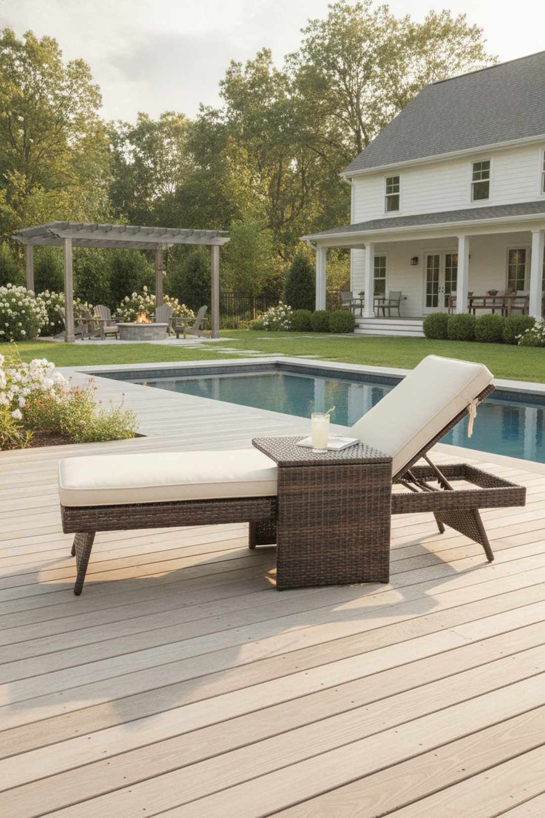 wicker chaise with side table