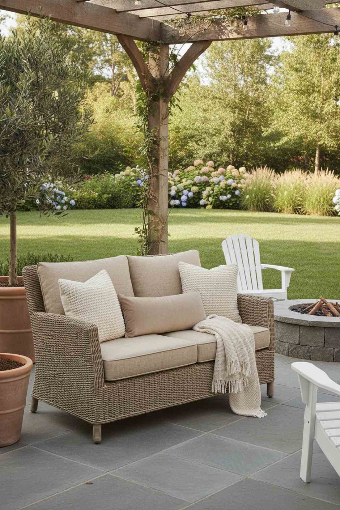 beige rattan loveseat with layered textures