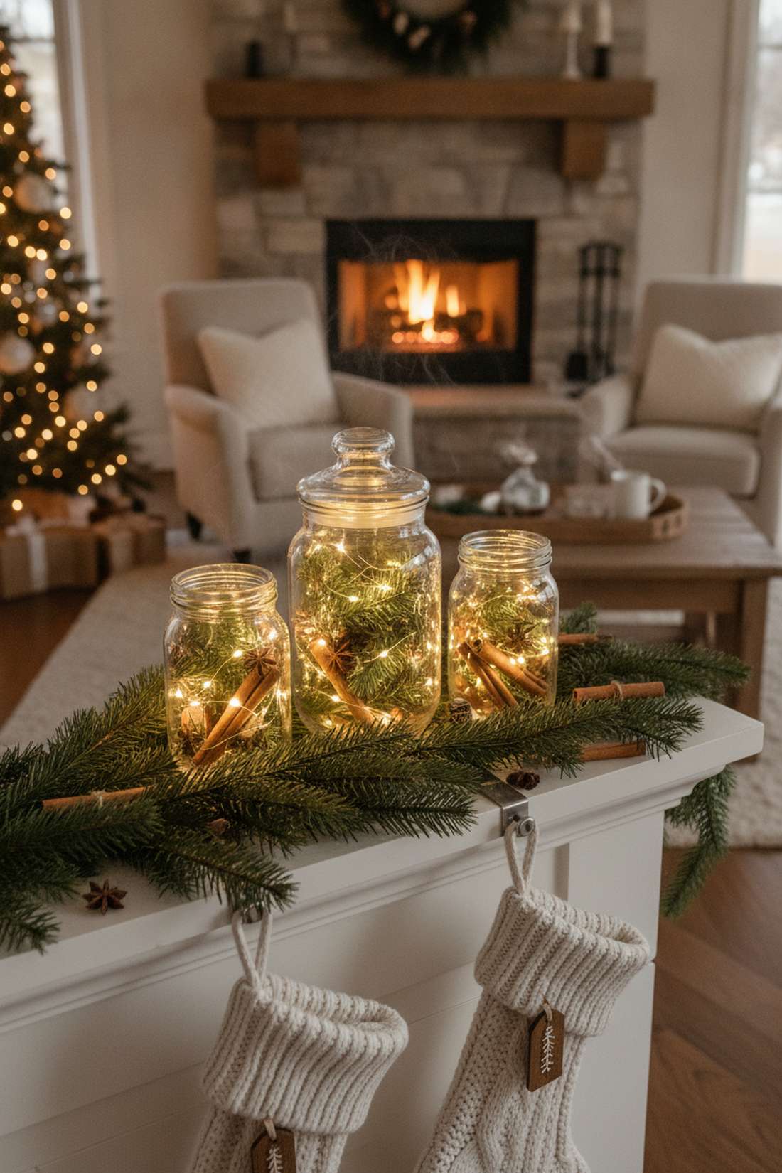 christmas evergreen and spice jars