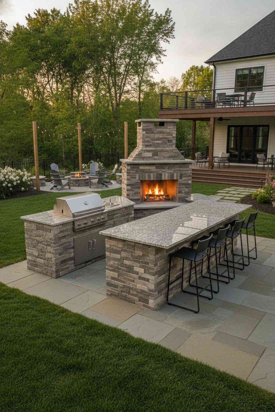 fireplace integrated into outdoor kitchen island