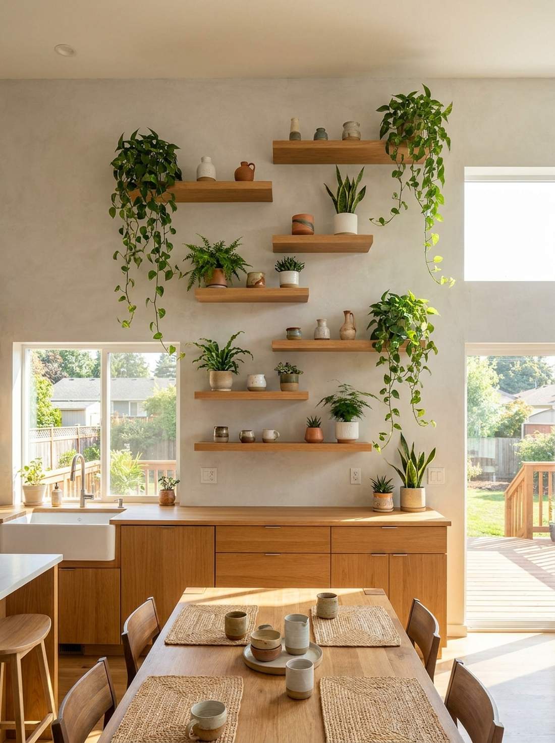 floating wood shelves with plant display