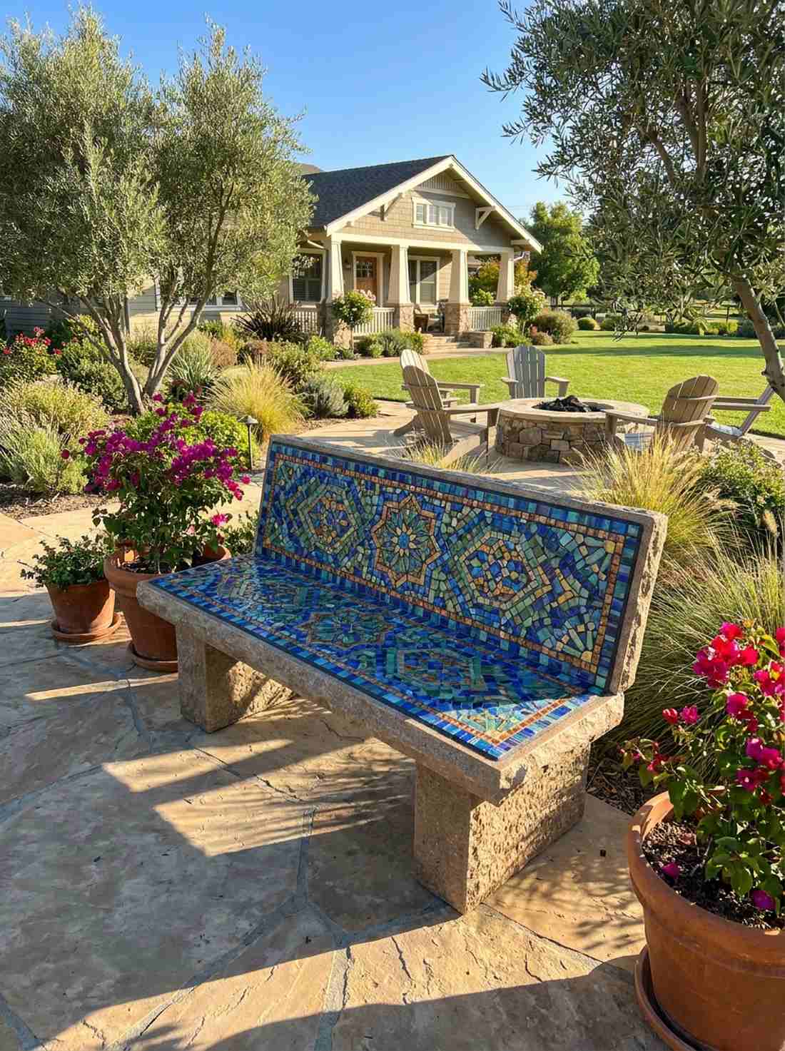 inlaid mosaic stone bench