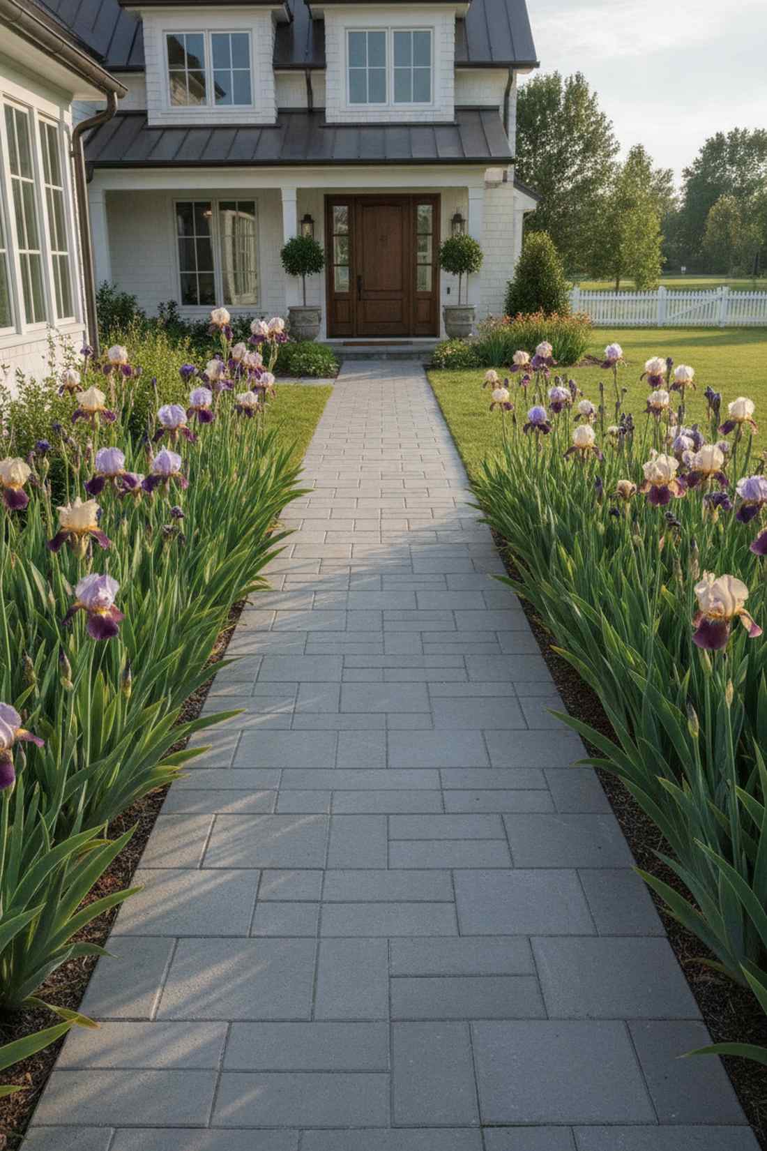 iris bordered formal stone path