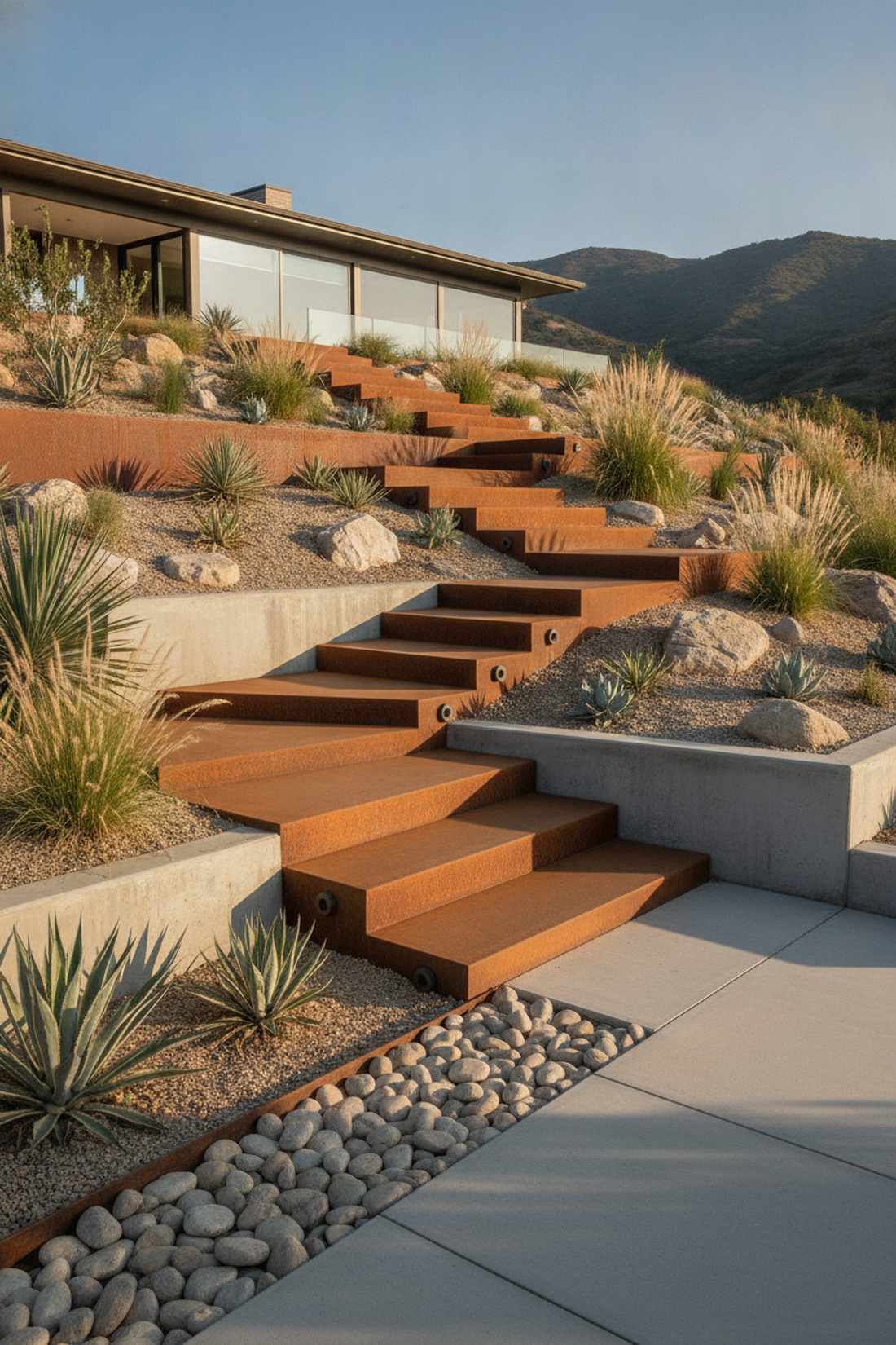 layered corten steel steps