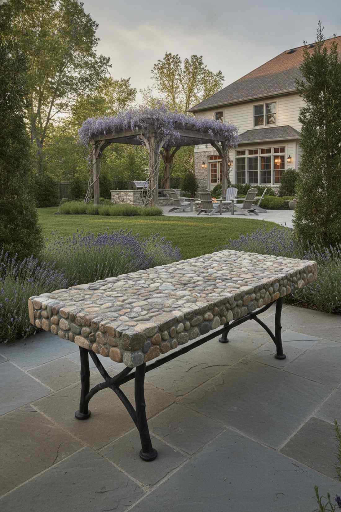 stone mosaic bench with iron supports
