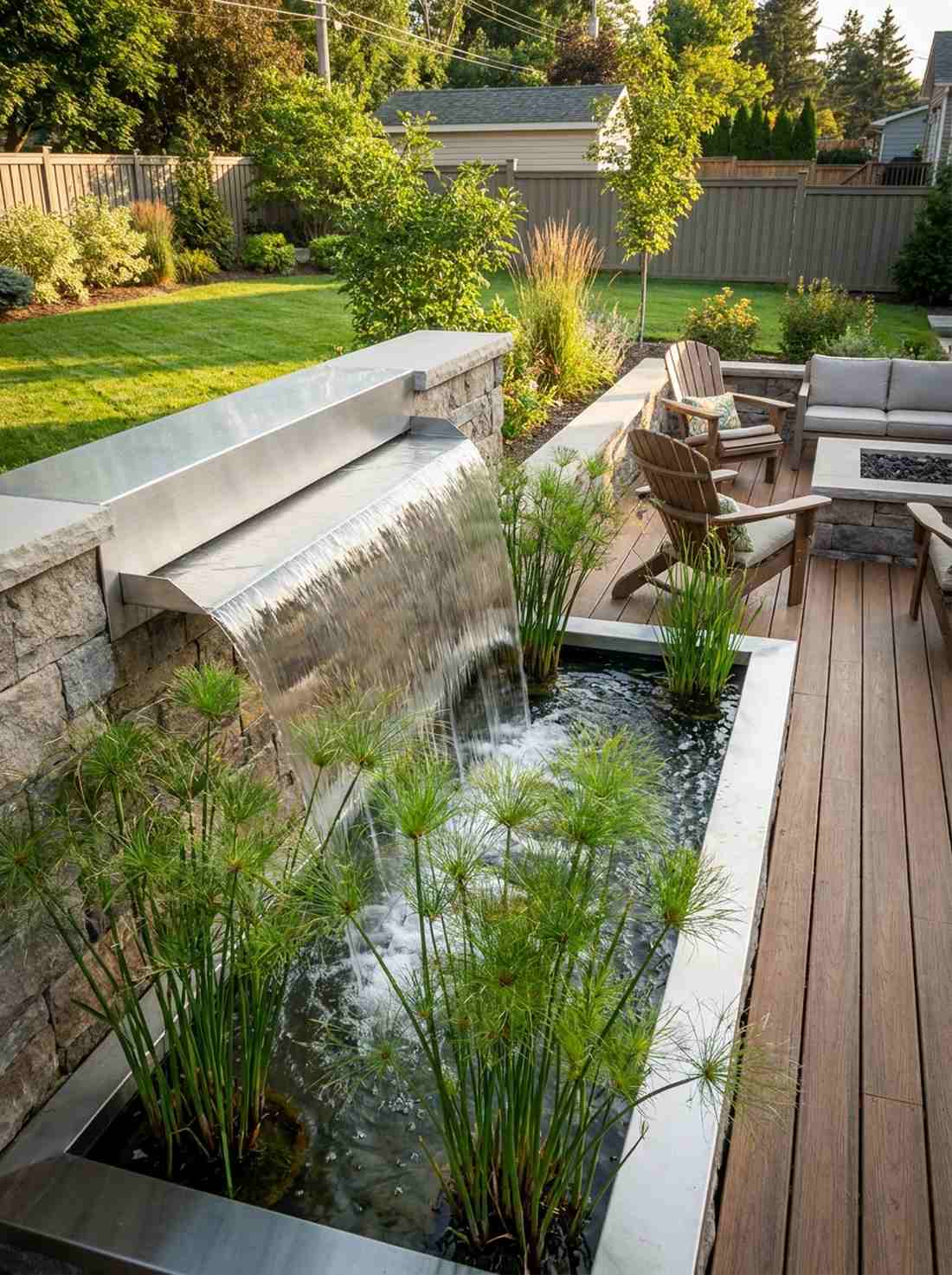water feature wall with papyrus clusters