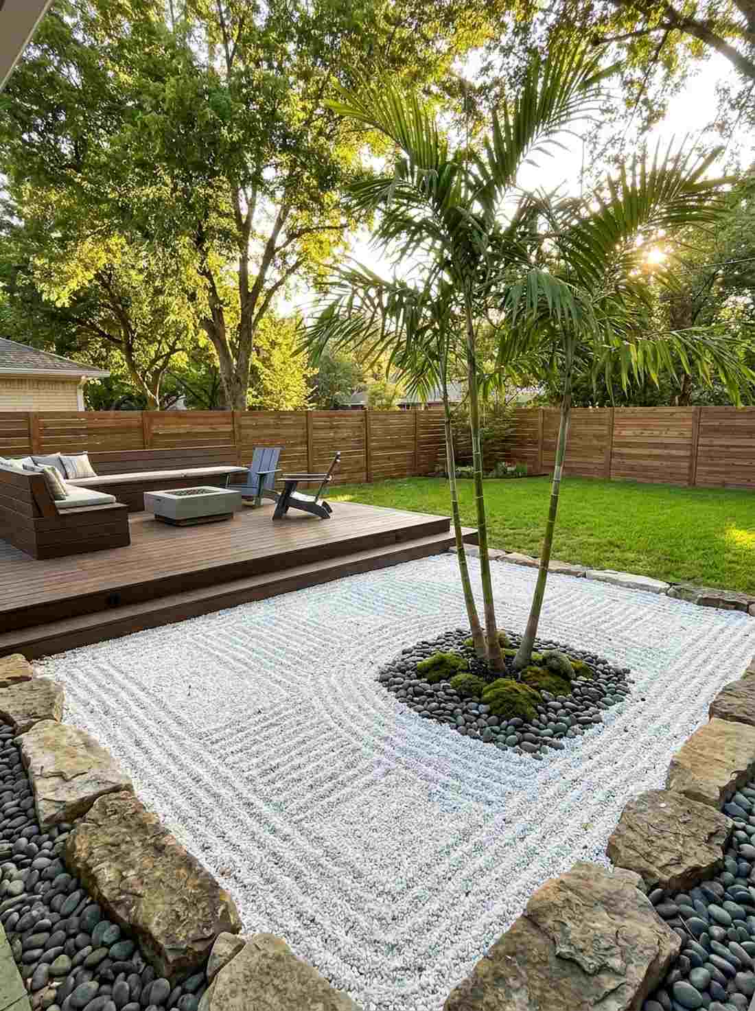 gravel zen court with minimal palm grove
