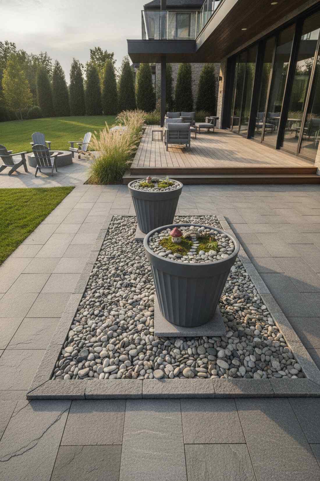 large planters with river rock bed