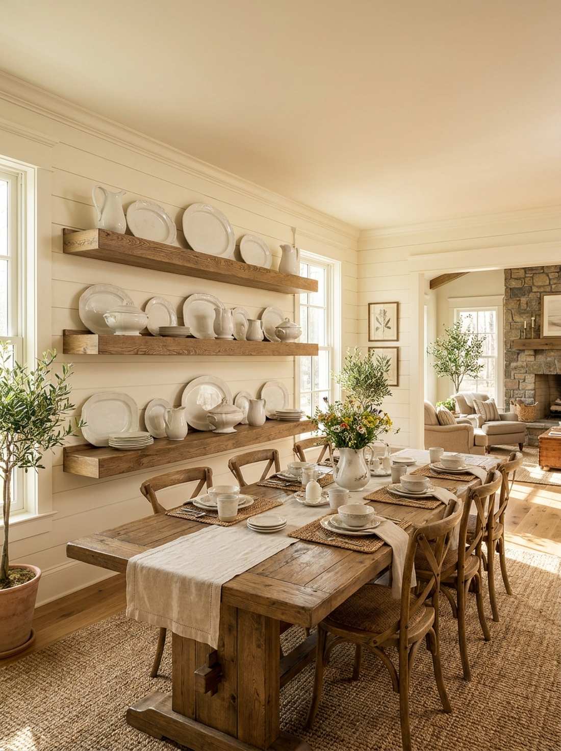 open shelving with ironstone display