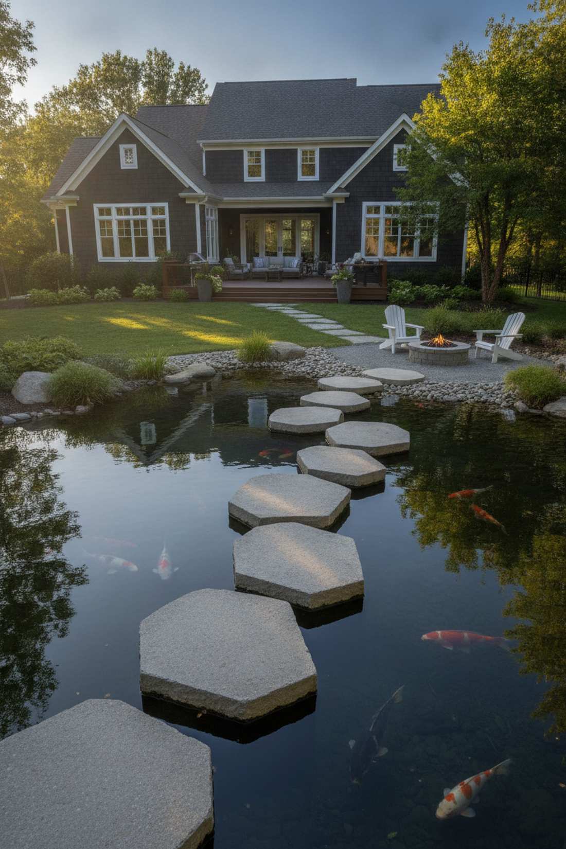 stepping stones across pond