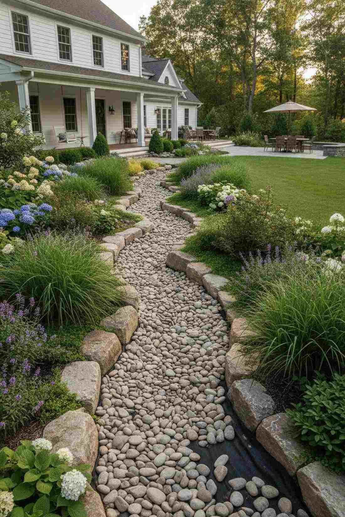 stone river through planted beds
