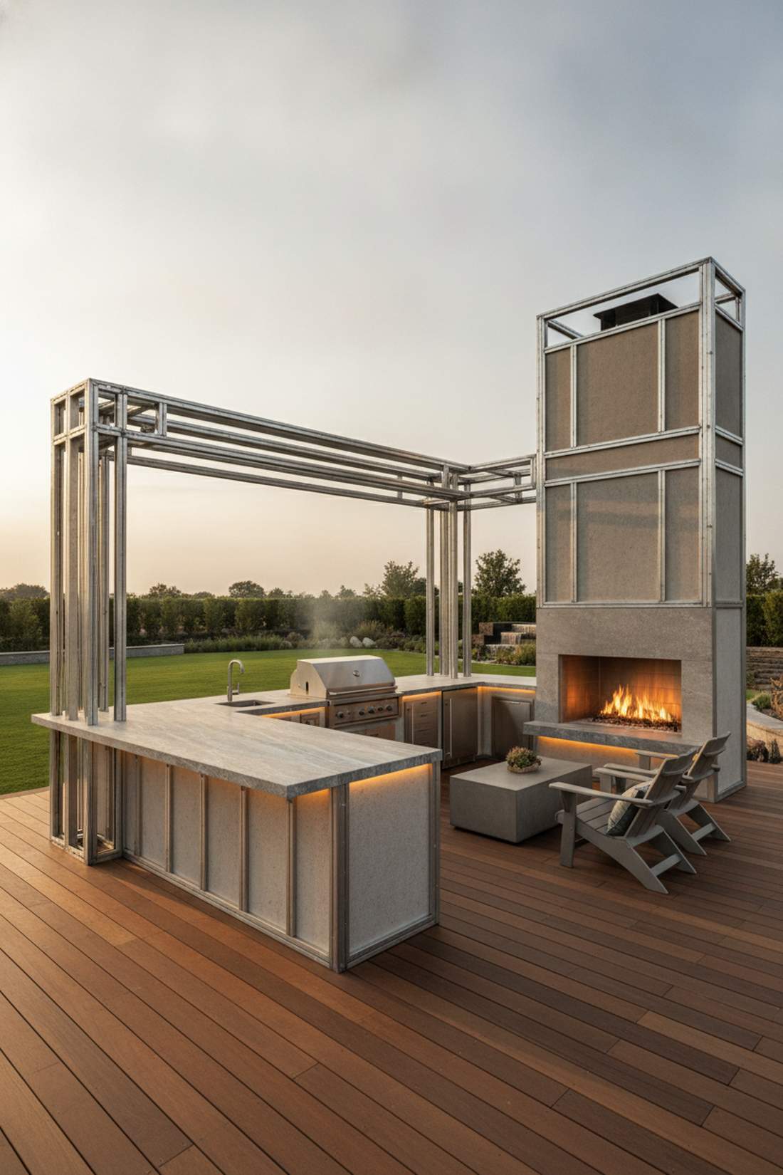 l shaped kitchen with fireplace focal wall