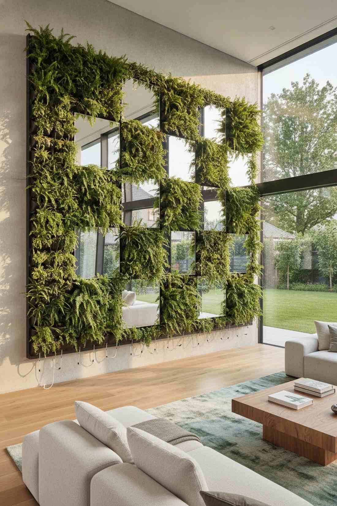 living wall with geometric mirror inserts