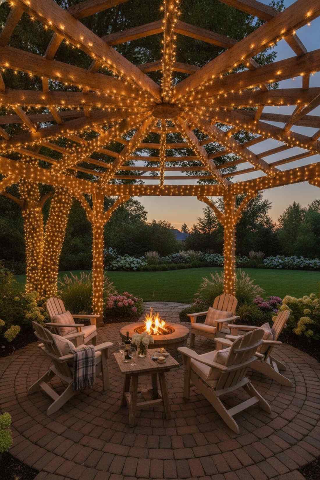 pergola draped fairy lights