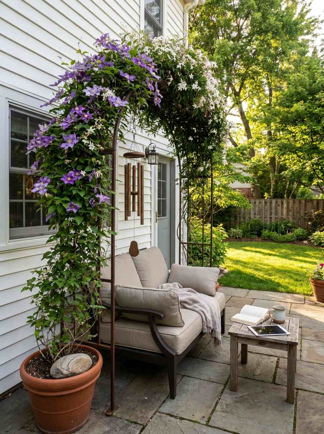 reading chair under pergola vine
