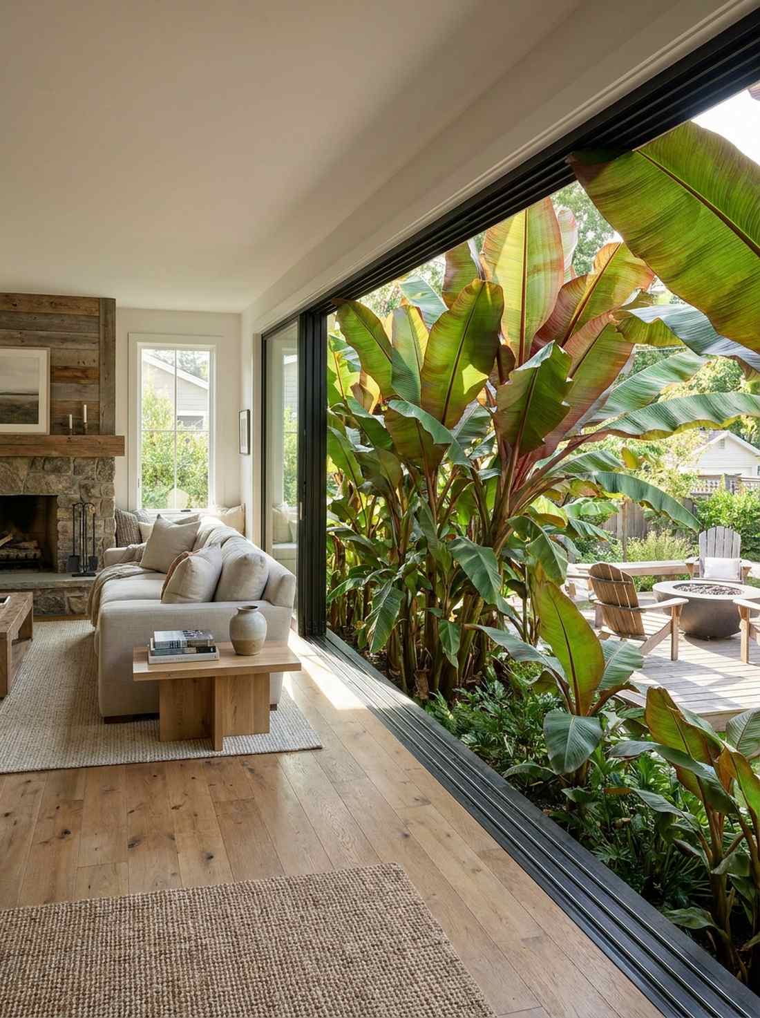 sliding glass wall opening to banana leaf garden