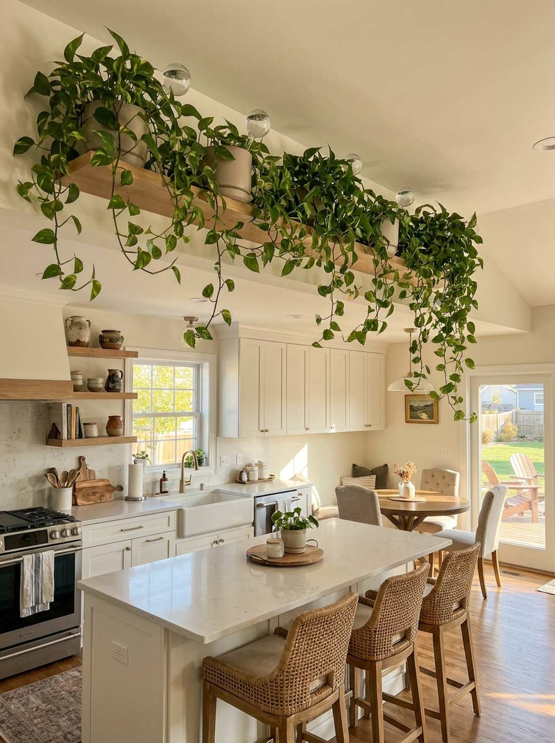 trailing pothos on high shelves