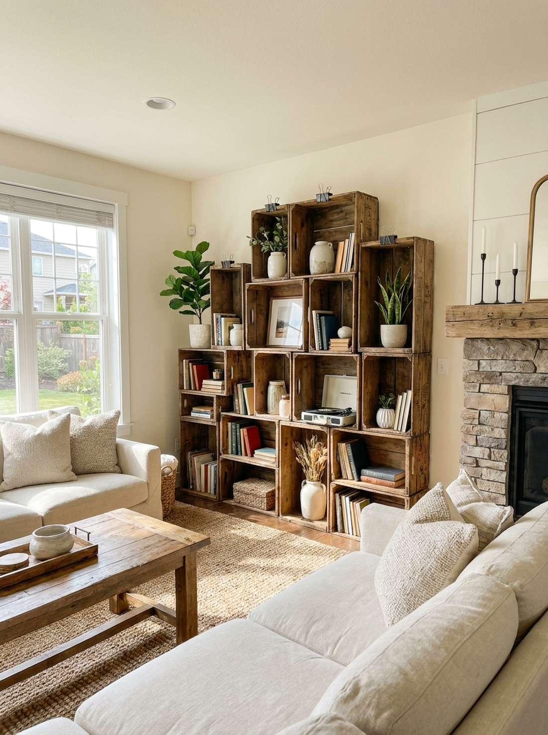 vintage wooden crates as modular storage