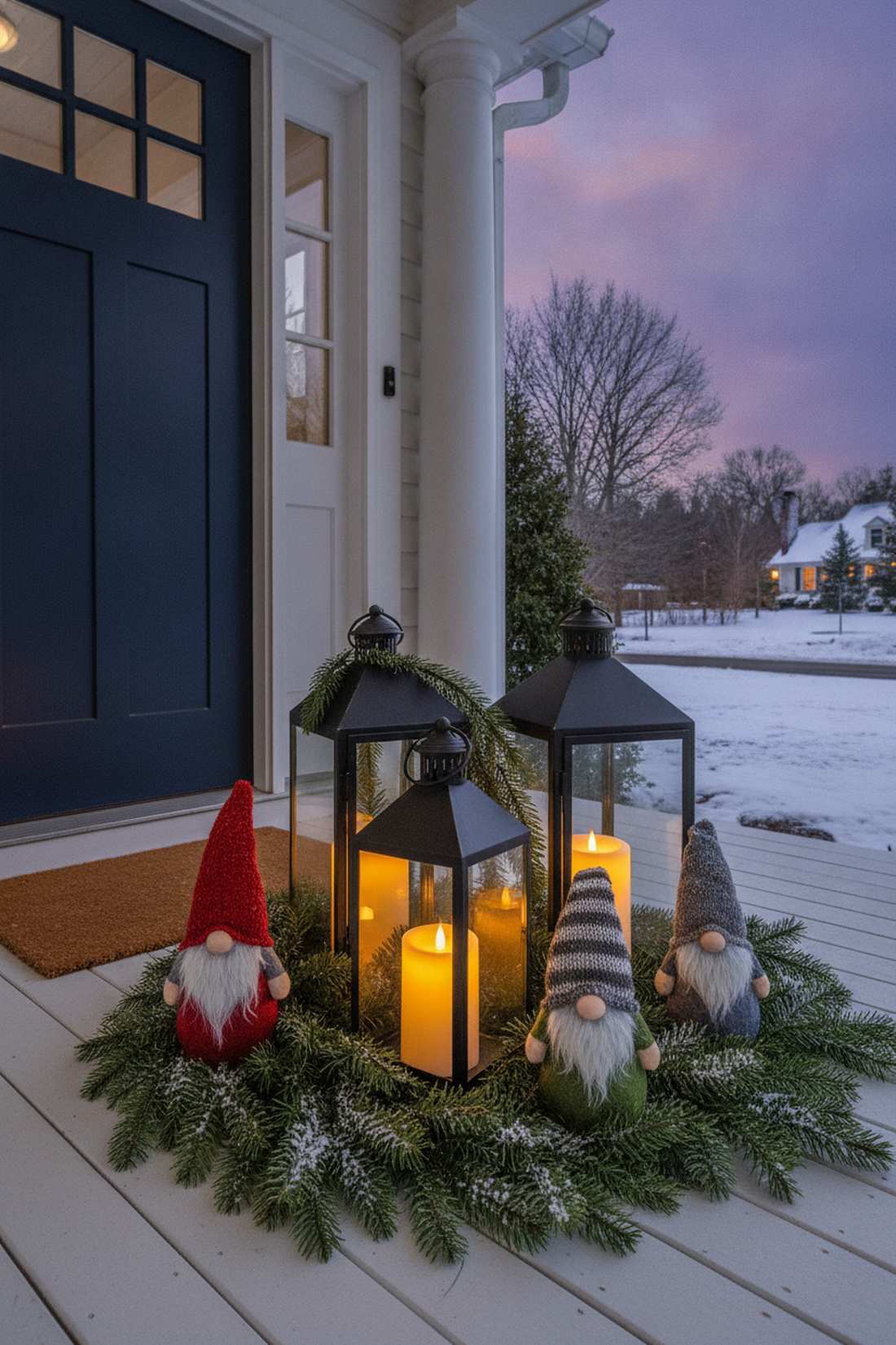 winter lantern and evergreen gnomes